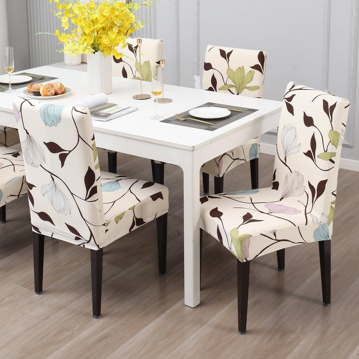 Beige Brown Leaves print chair covers for dining chairs | Hokipo