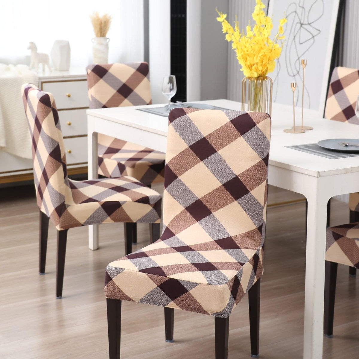 Beige Checks dining table chair covers