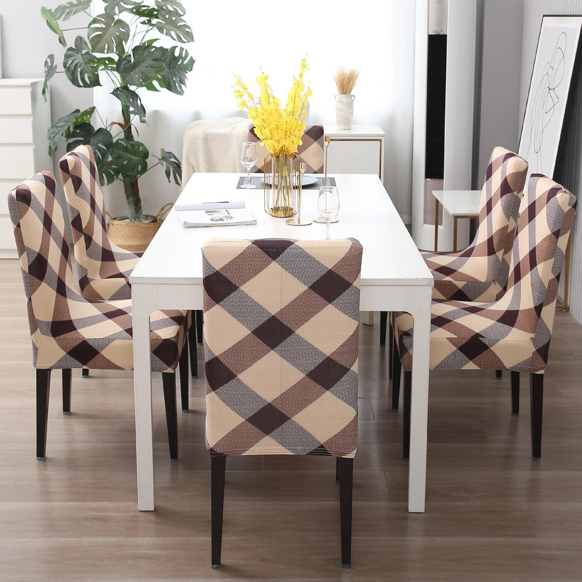 Beige Checks dining chair covers​ Set