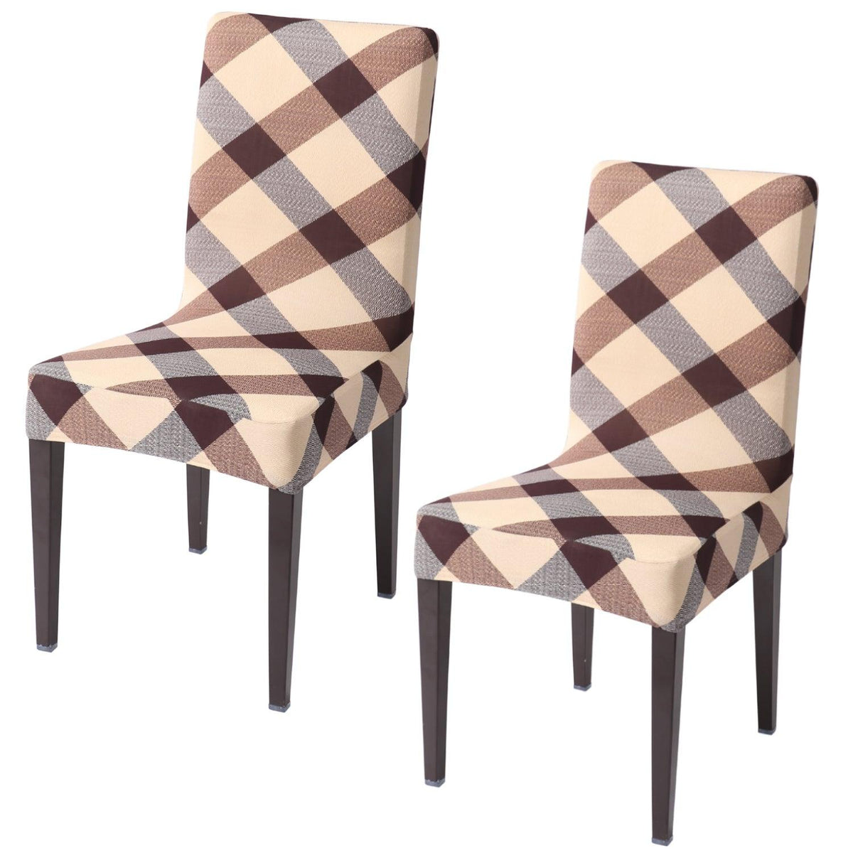 Beige Checks elastic chair covers set of 2
