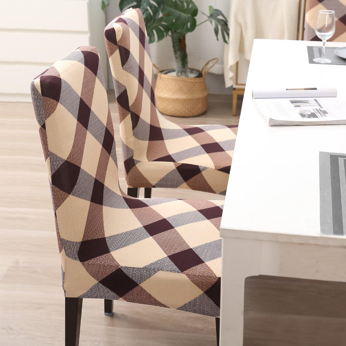 Beige Checks dining chair cover 6 seater