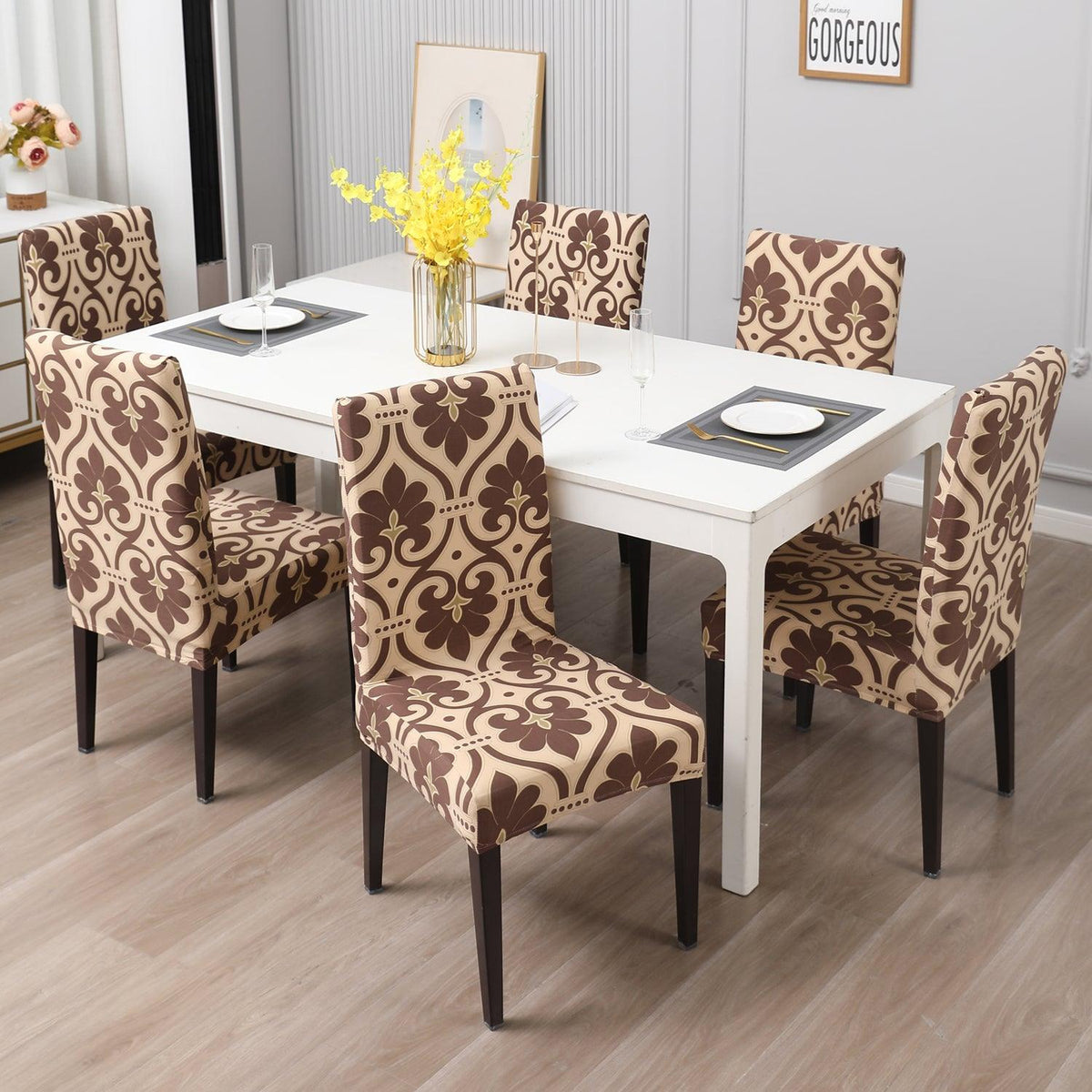 Beige Damask print chair covers for dining chairs | Hokipo