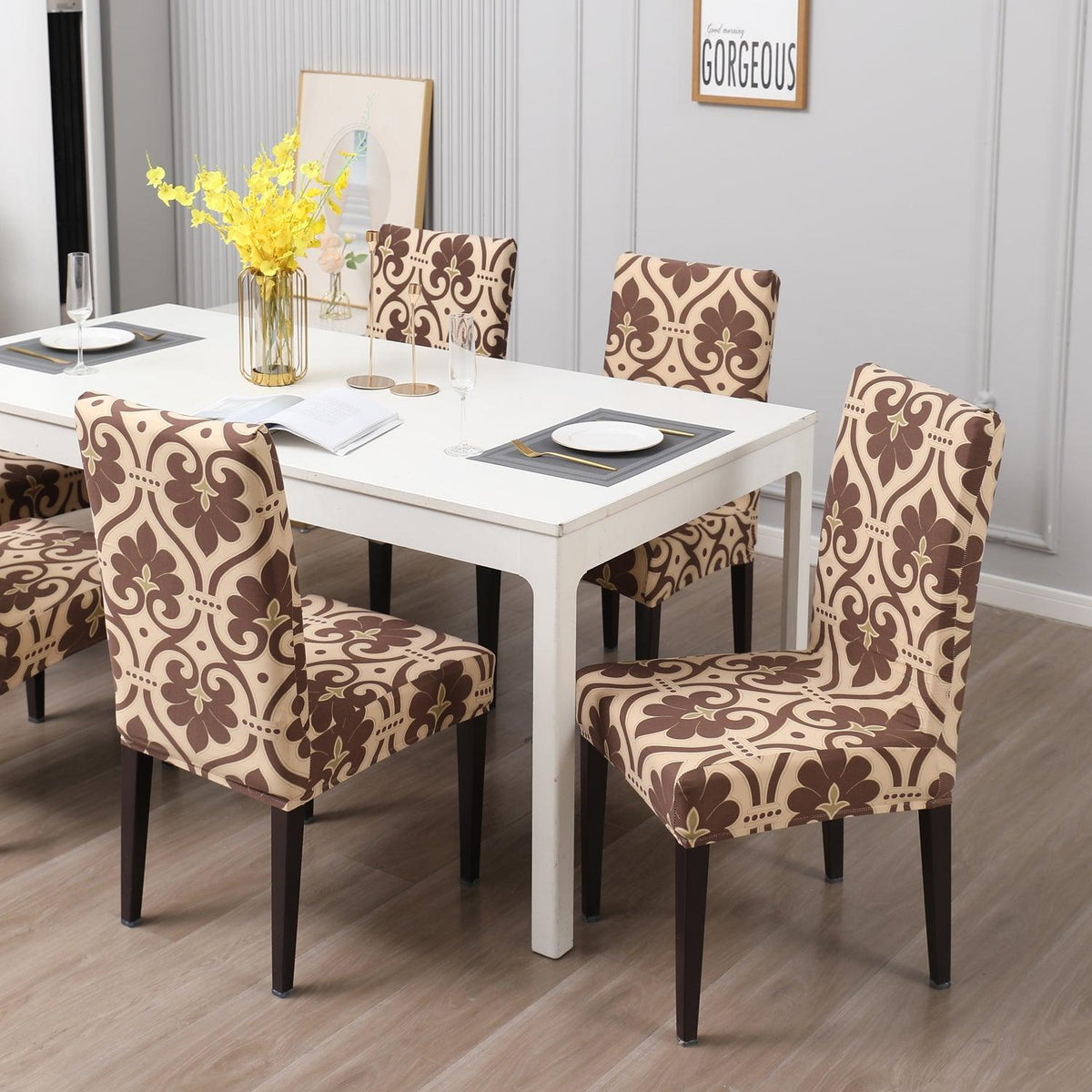 Beige Damask print dining chair covers​ Set | Hokipo