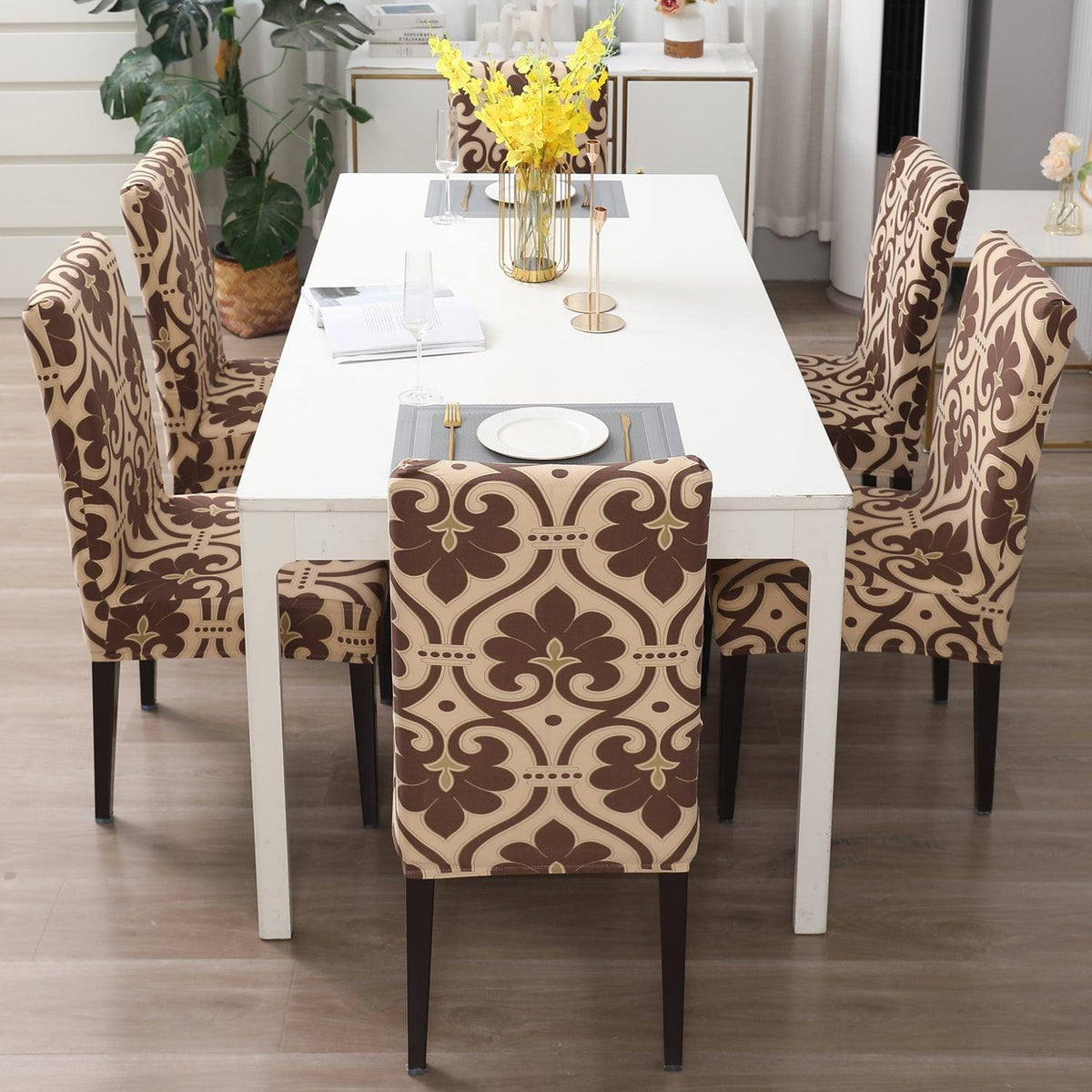 Beige Damask print dining chair covers​ Set | Hokipo