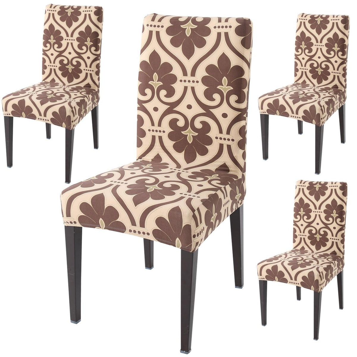 Beige Damask print dining chair covers set of 4 | Hokipo