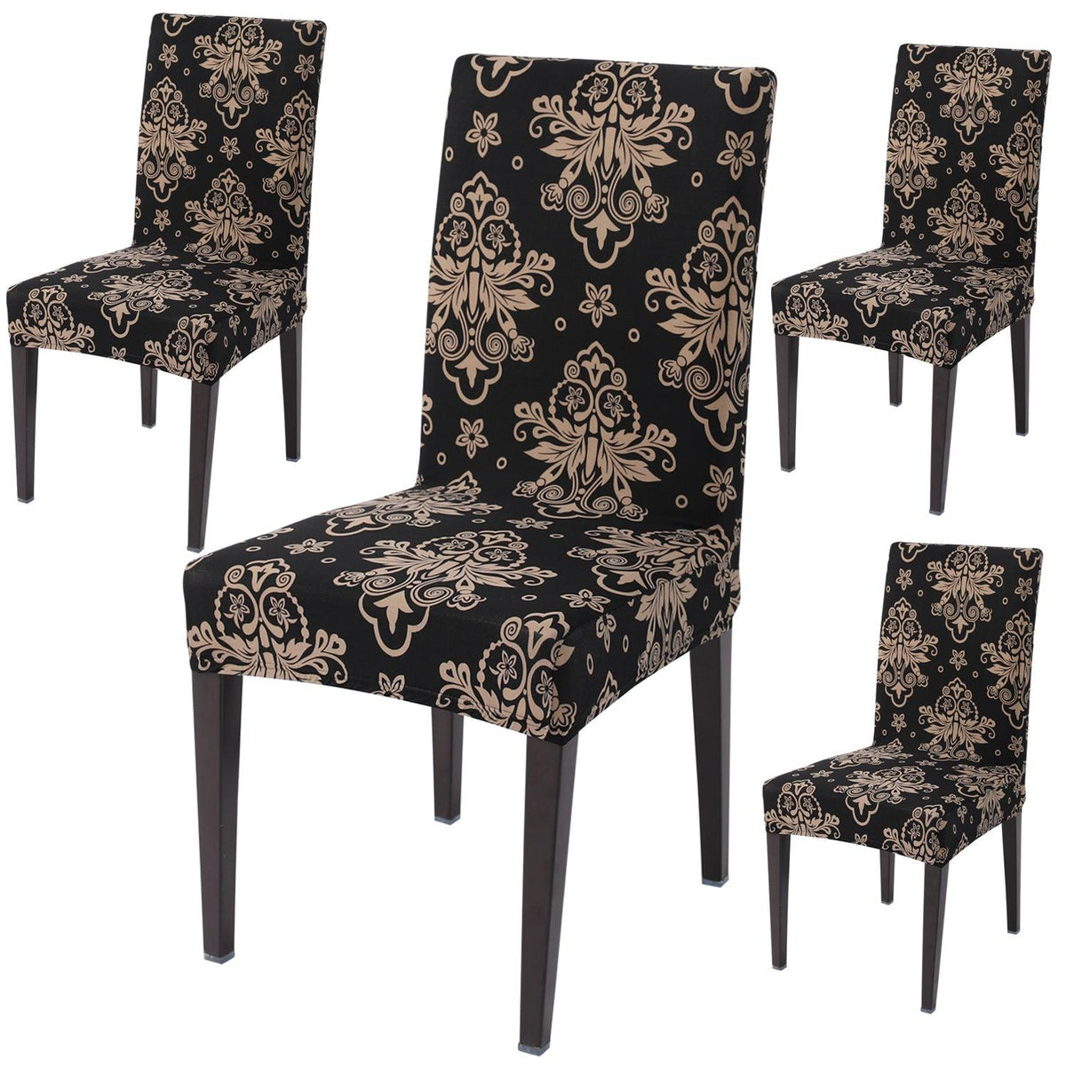 Black Damask print dining chair covers set of 4 | Hokipo