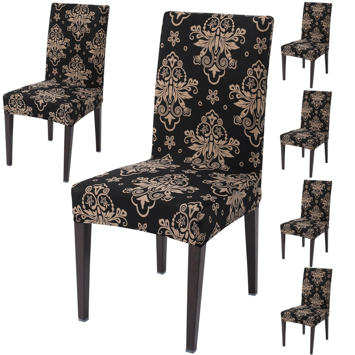 Black Damask print dining chair covers set of 6 | Hokipo