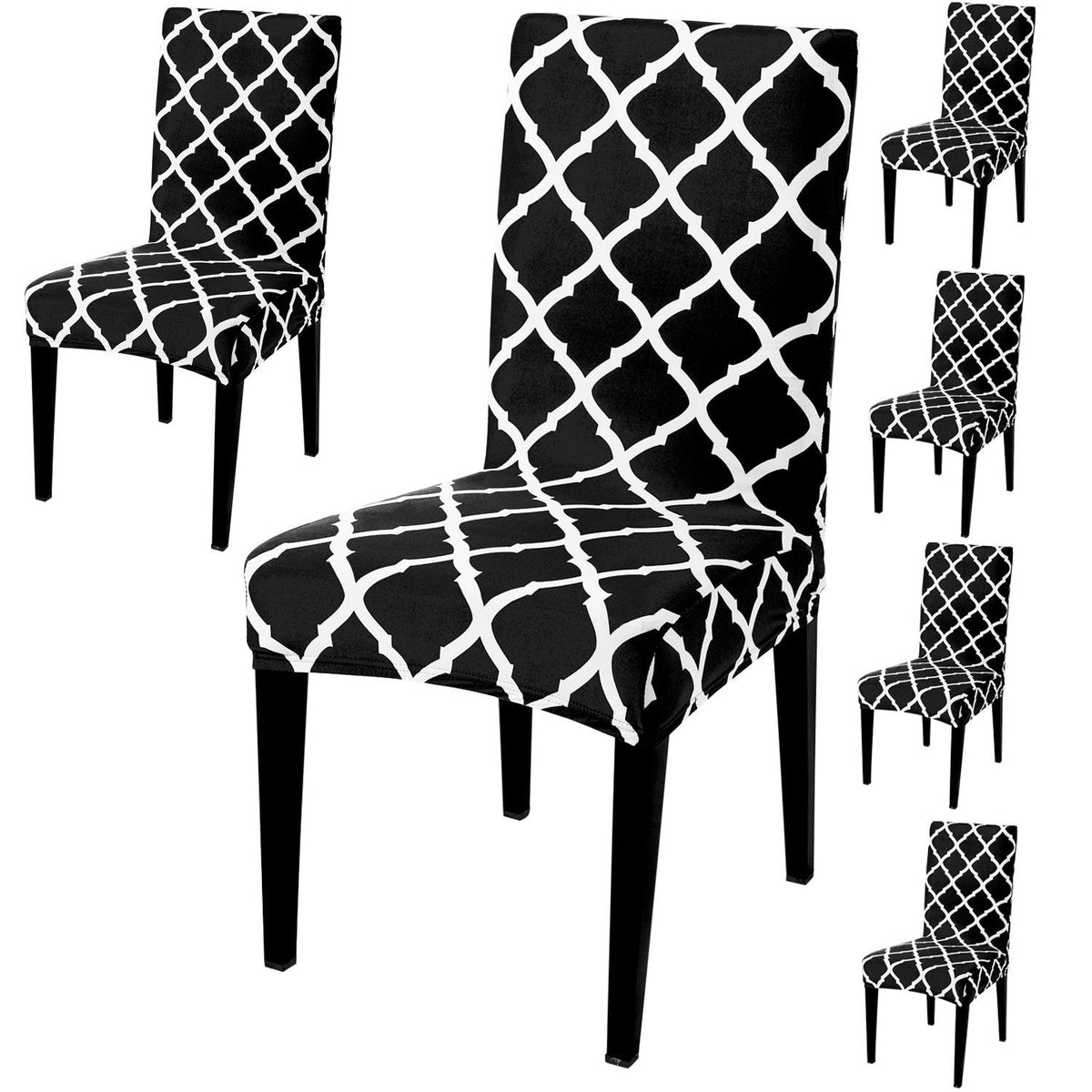 Black Moroccan print dining chair covers set of 6 | Hokipo