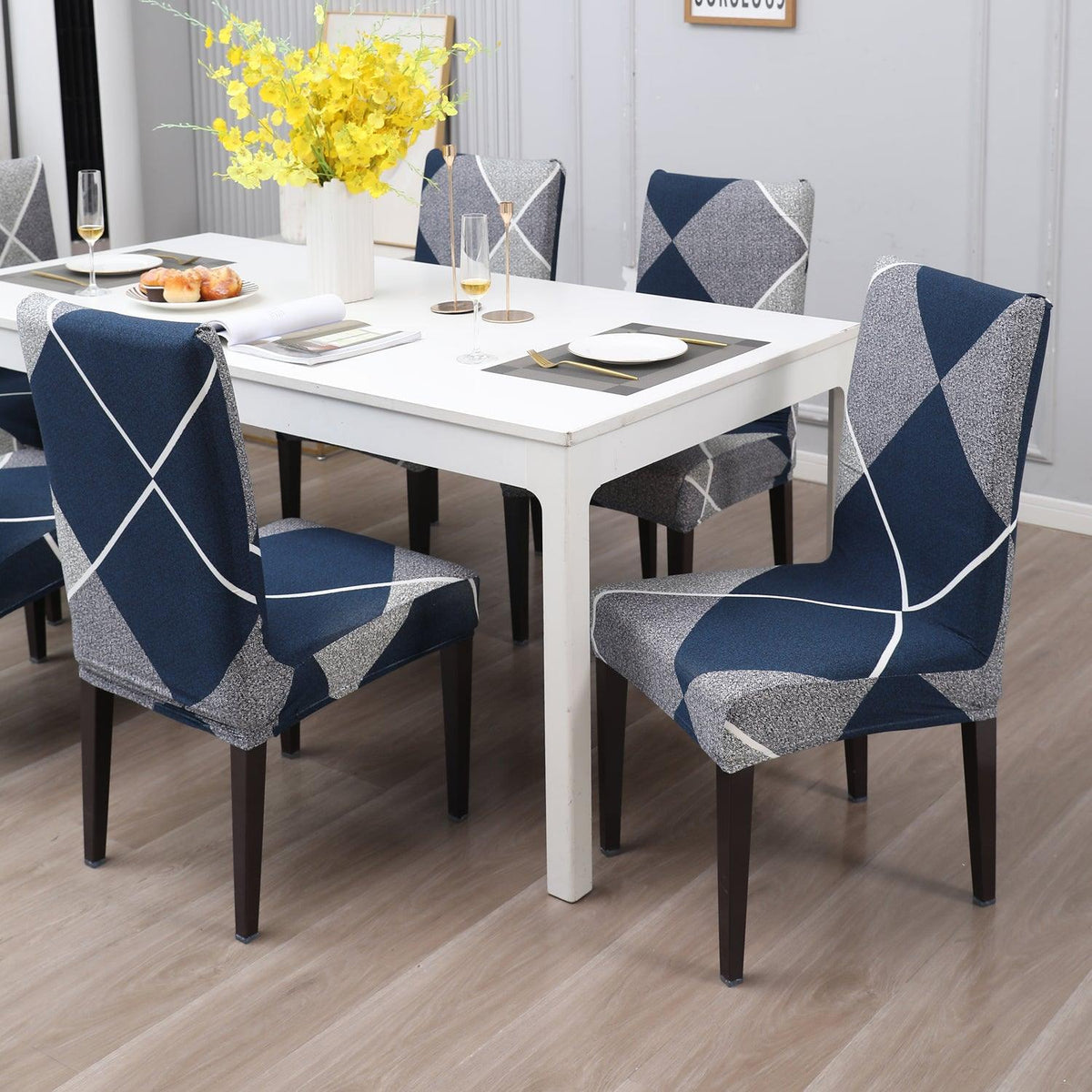 Blue Rhombus print elastic dining chair covers | Hokipo