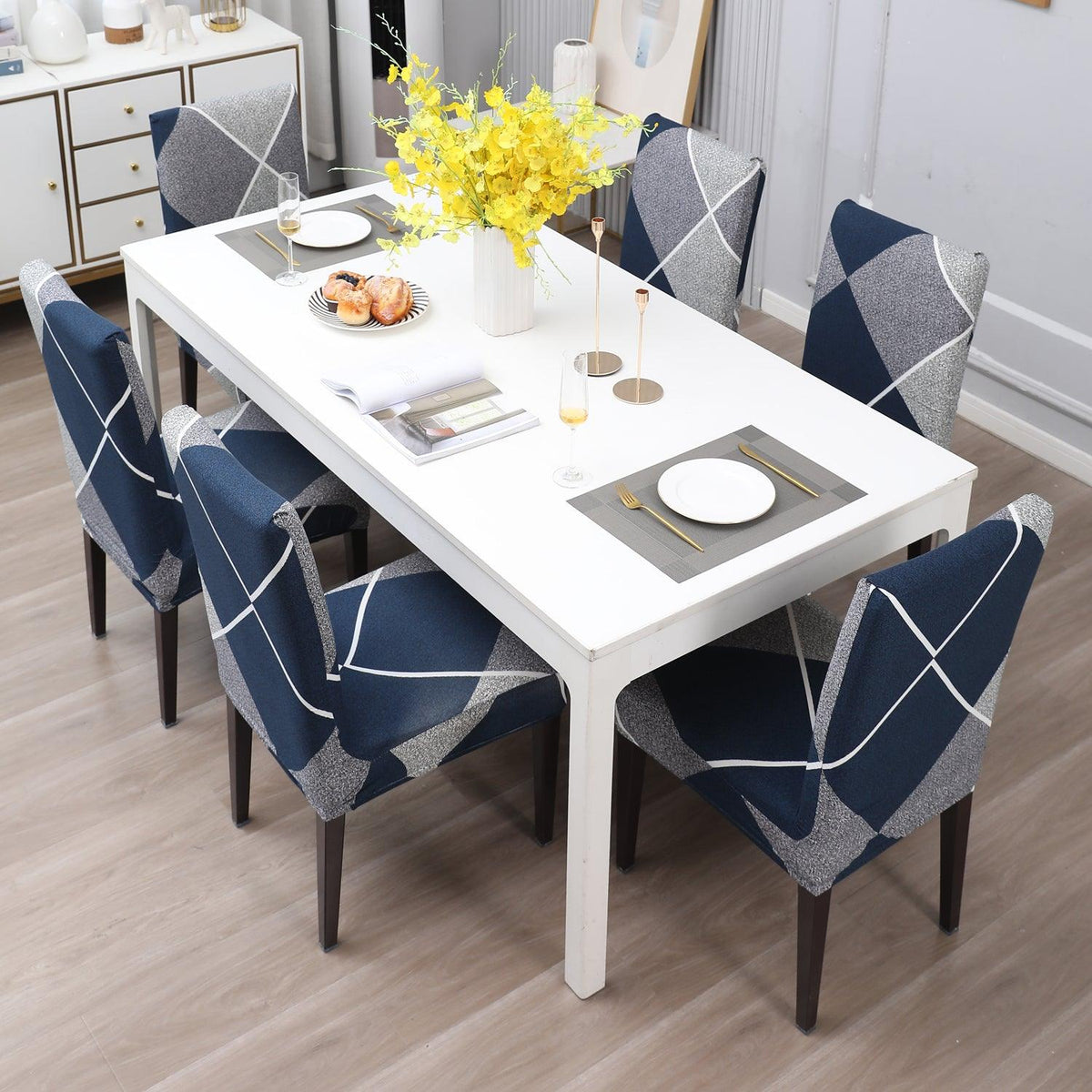 Blue Rhombus print dining chair covers​ Set | Hokipo