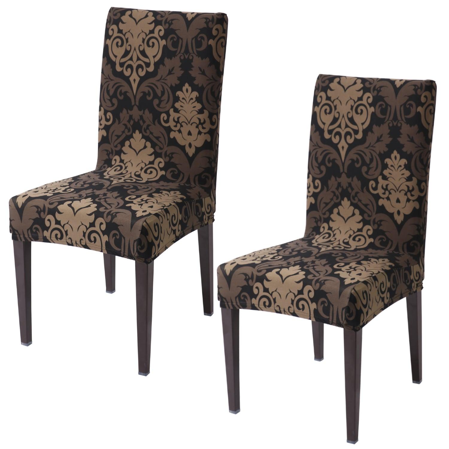 Brown Damask print elastic chair covers set of 2 | Hokipo