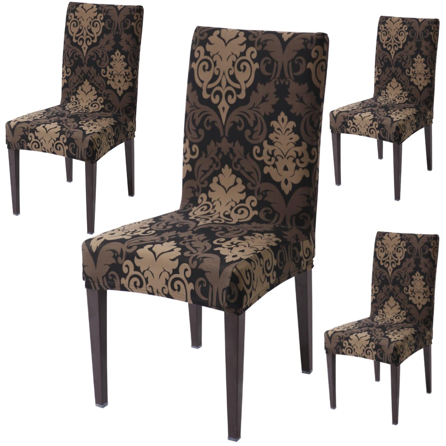 Brown Damask print dining chair covers set of 4 | Hokipo
