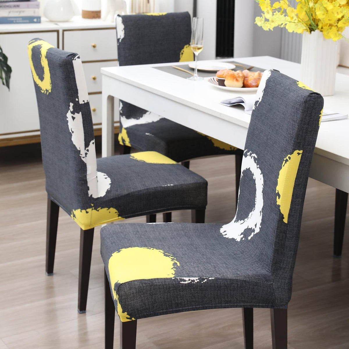 Charcoal Ring print elastic dining chair covers | Hokipo