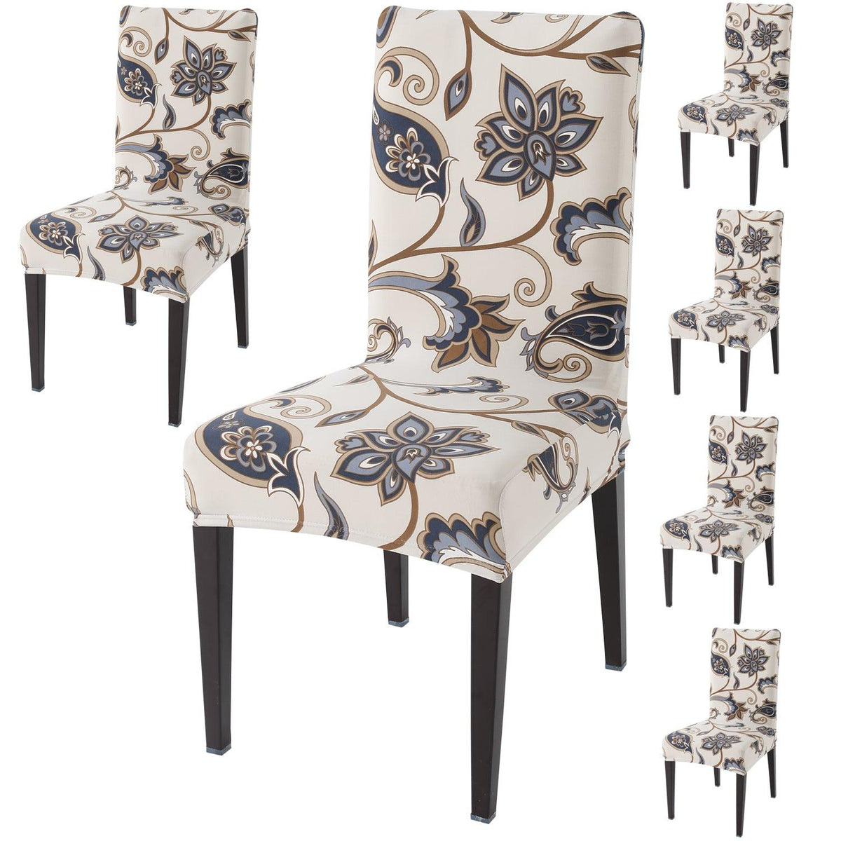 Cream Blue Flowers print dining chair covers set of 6 | Hokipo