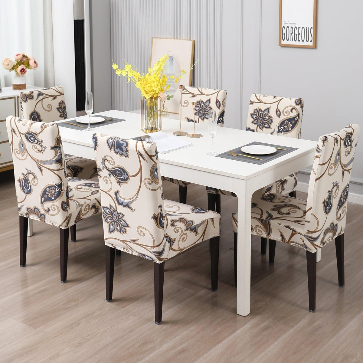 Cream Blue Flowers print dining chair covers​ Set | Hokipo