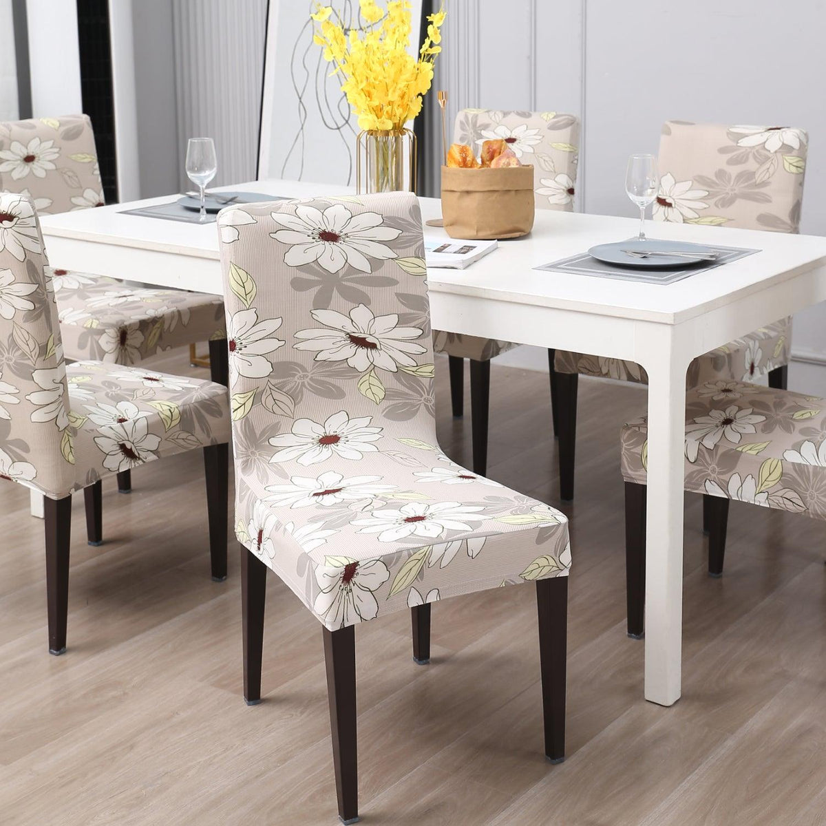 Cream Flowers elastic dining chair covers