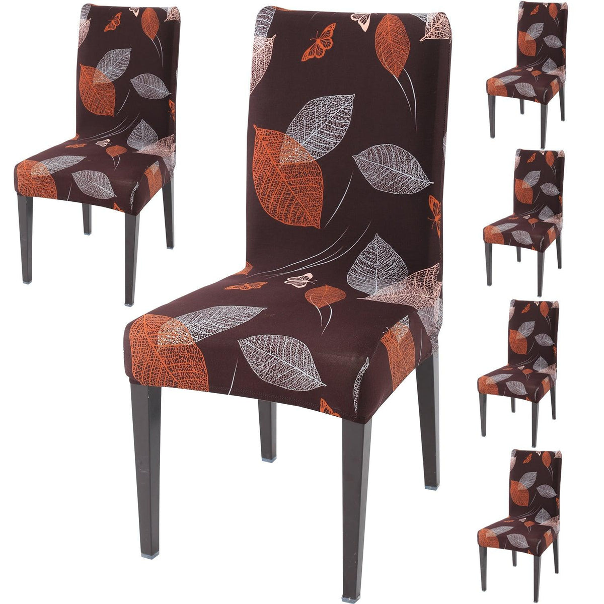Dark Brown Leaf print dining chair covers set of 6 | Hokipo