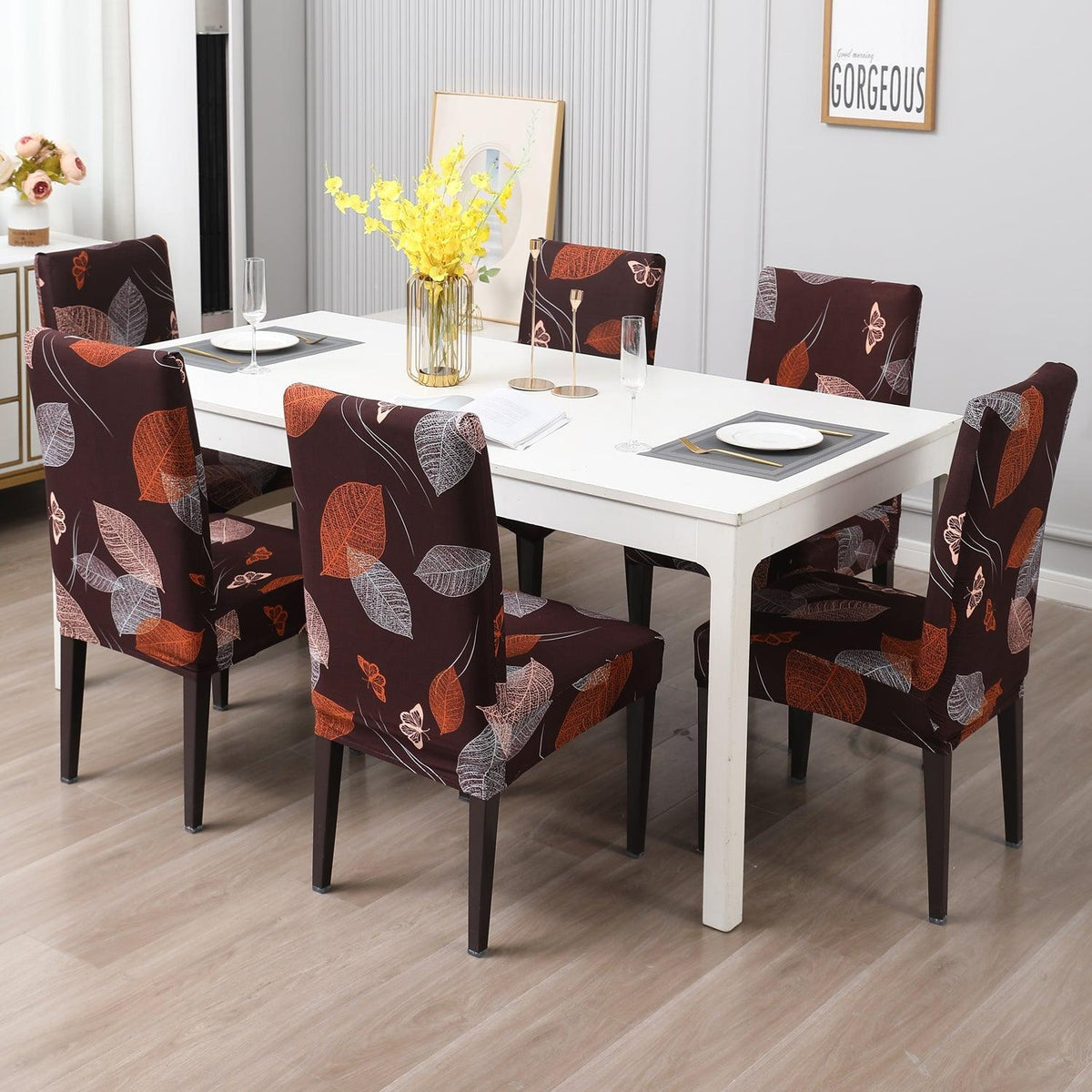 Dark Brown Leaf print dining chair covers​ Set | Hokipo