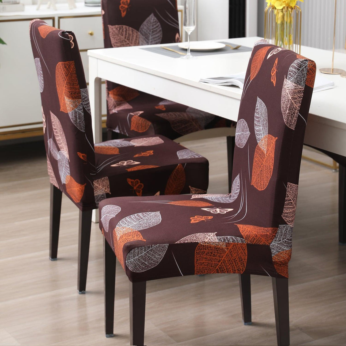 Dark Brown Leaf print Fully fitted dining chair cover set | Hokipo