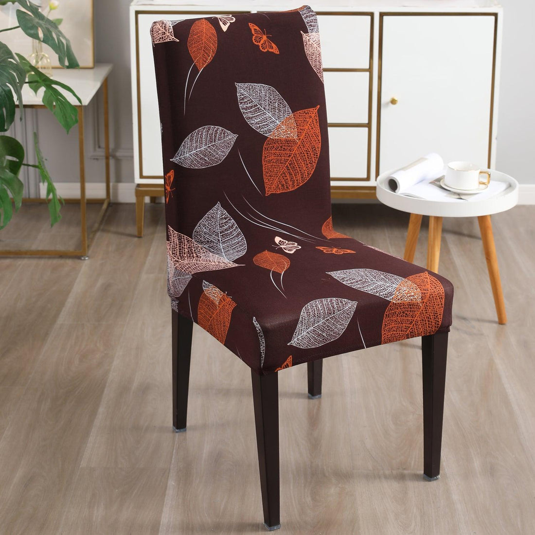 Dark Brown Leaf print chair covers​ Set | Hokipo