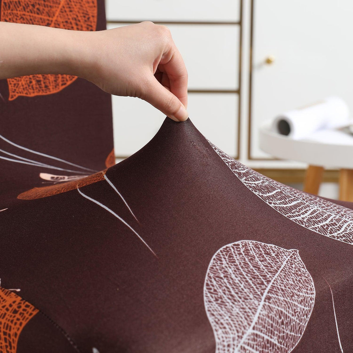 Dark Brown Leaf print stretchable dining chair covers | Hokipo