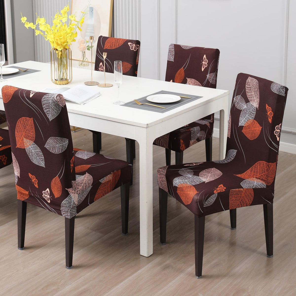 Dark Brown Leaf print chair covers for dining chairs | Hokipo