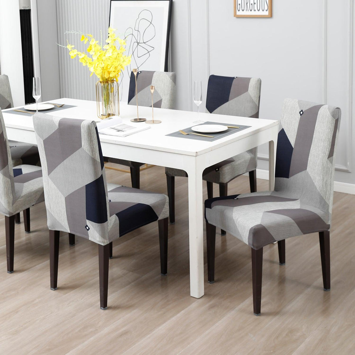 Geometric Grey elastic dining chair covers
