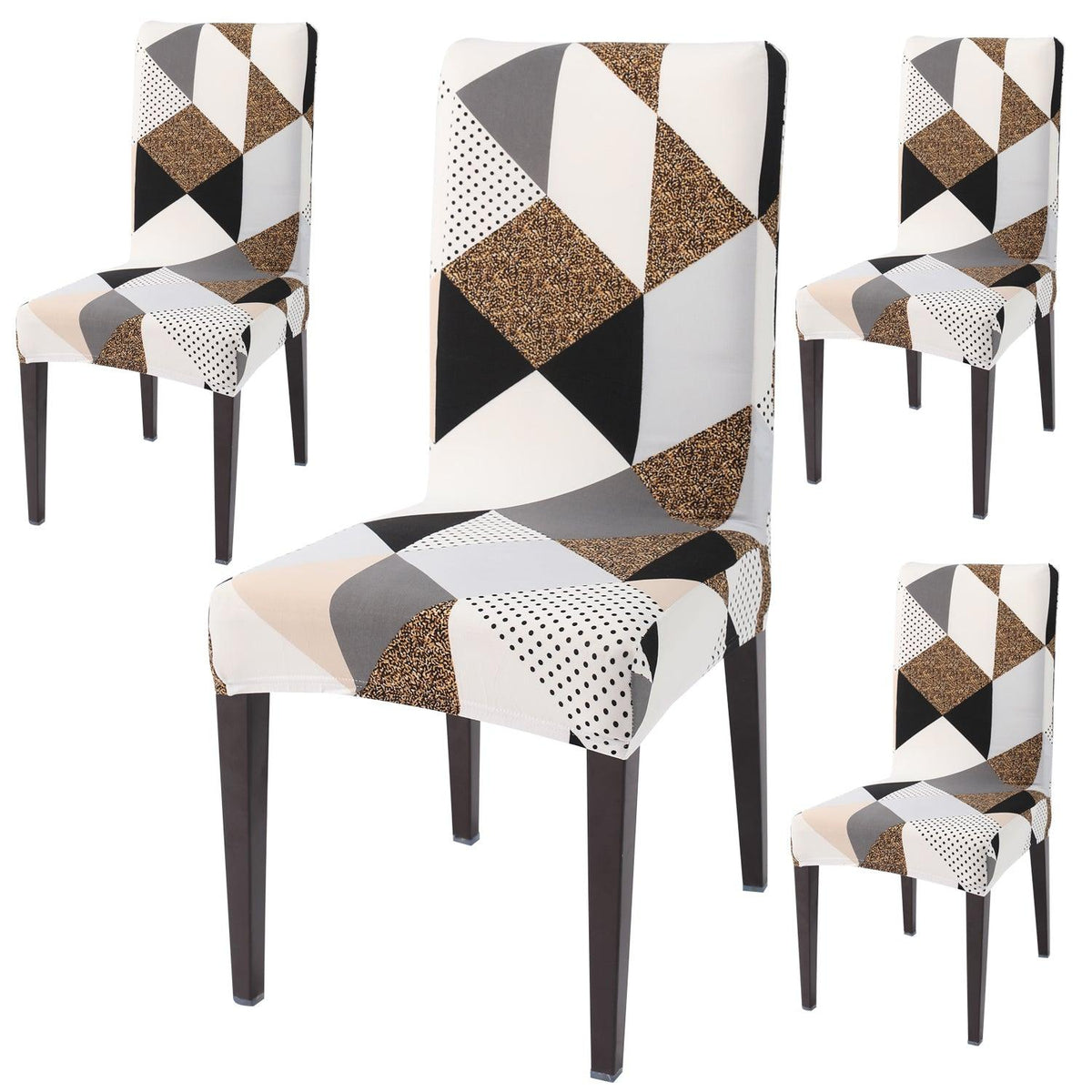 Grey Brown Geometric print dining chair covers set of 4 | Hokipo