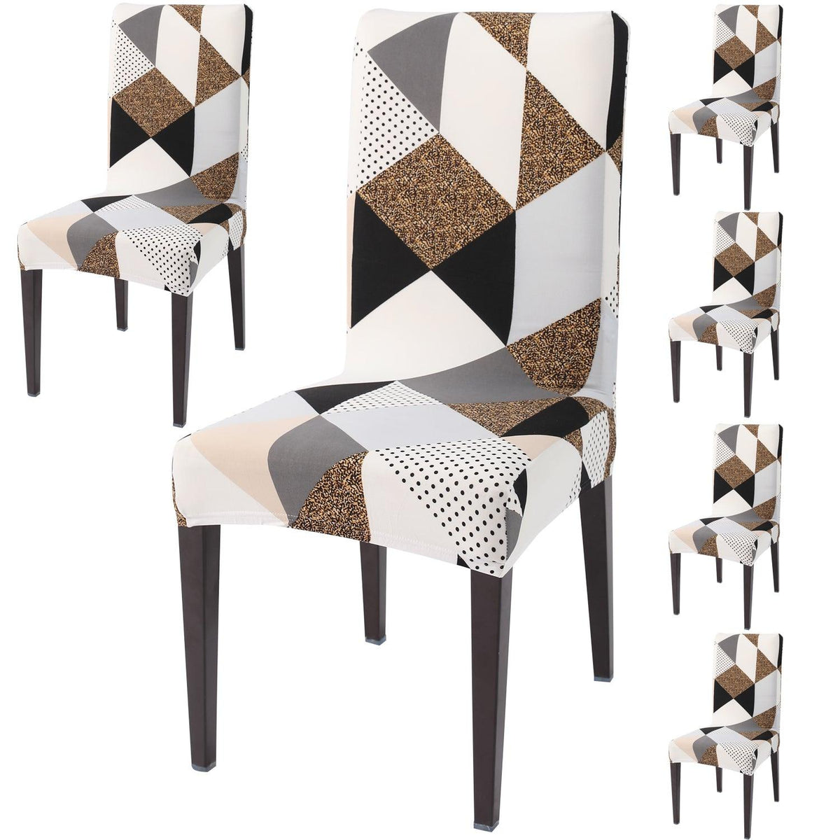 Grey Brown Geometric print dining chair covers set of 6 | Hokipo