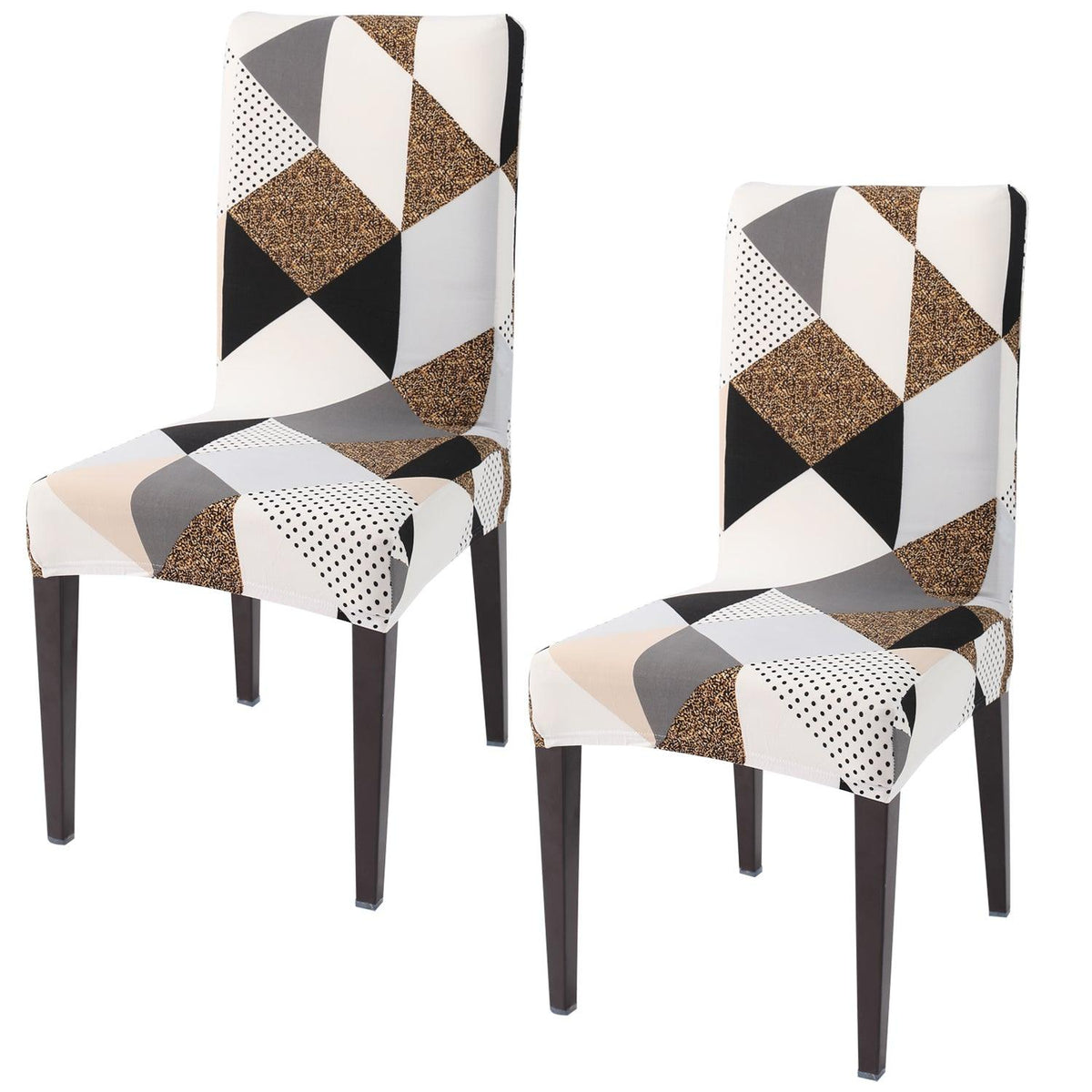 Grey Brown Geometric print elastic chair covers set of 2 | Hokipo