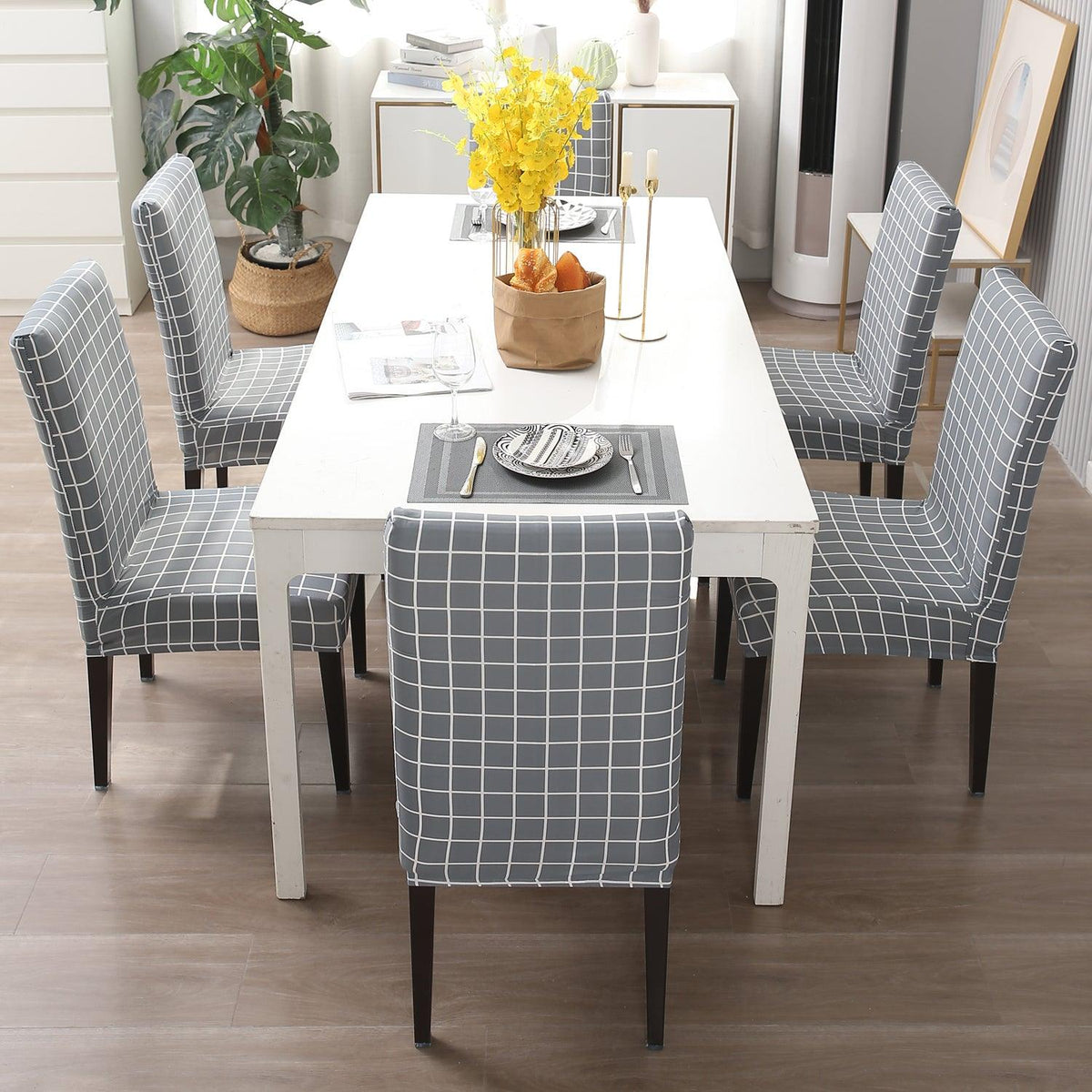 Grey Checks Print dining chair covers​ Set