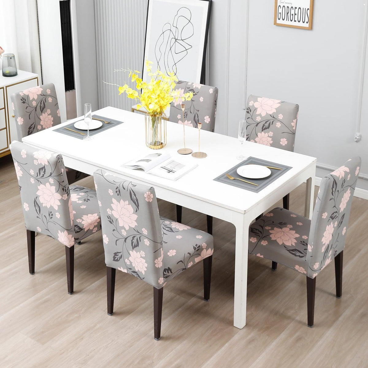 Grey Dahlia dining table chair covers