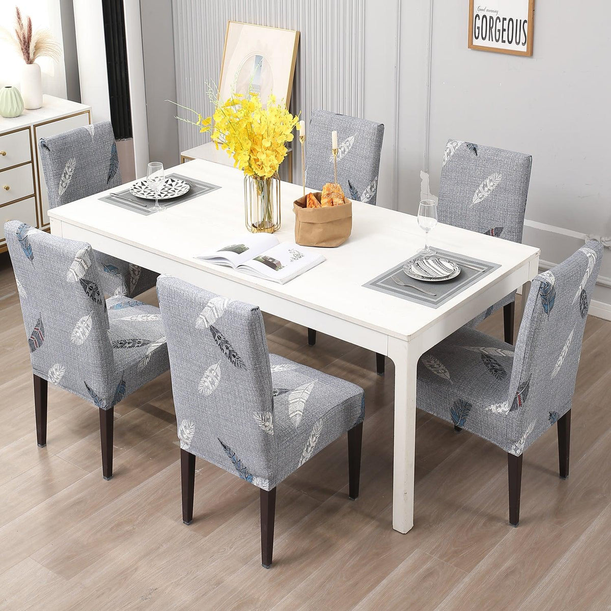 Grey Feather Print dining chair covers​ Set