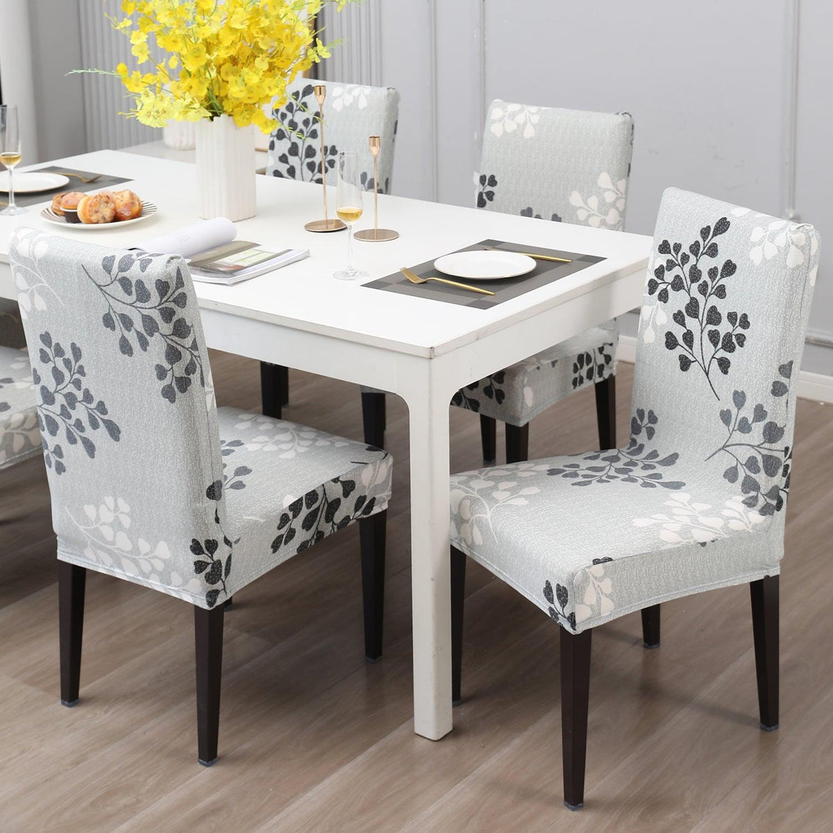 Grey Leaves Print dining chair covers​ Set