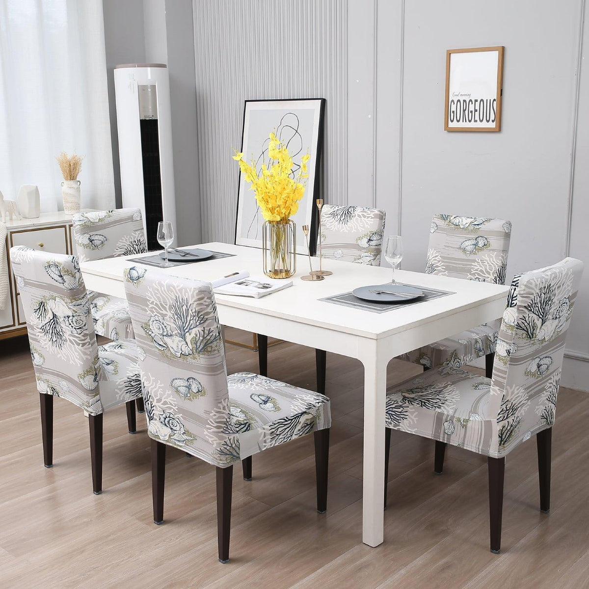 Grey Sea Shells Print dining chair covers​ Set
