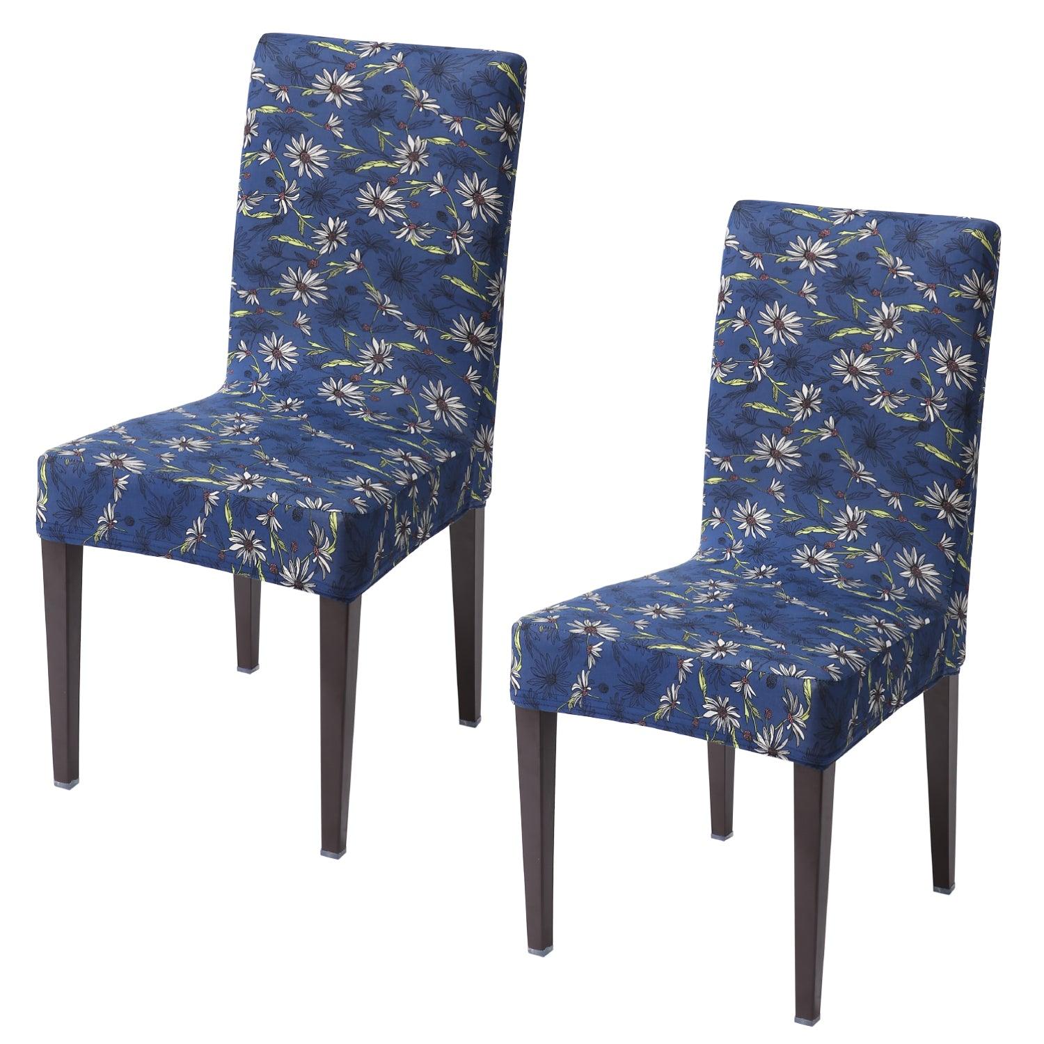Royal Blue White Flowers elastic chair covers set of 2