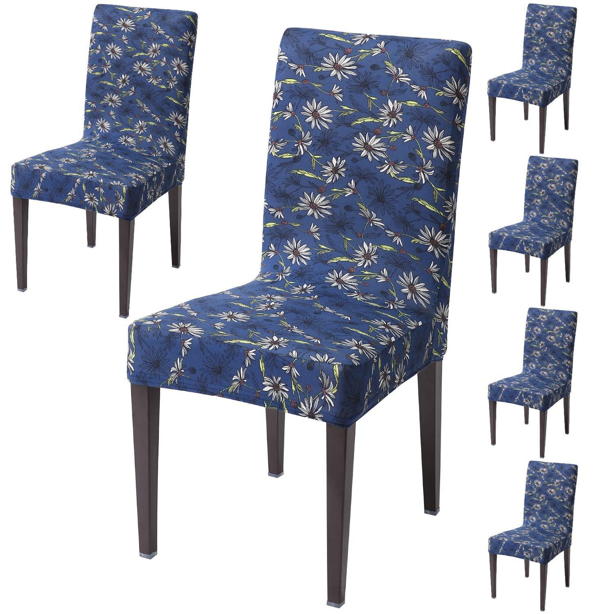 Royal Blue White Flowers dining chair covers set of 6