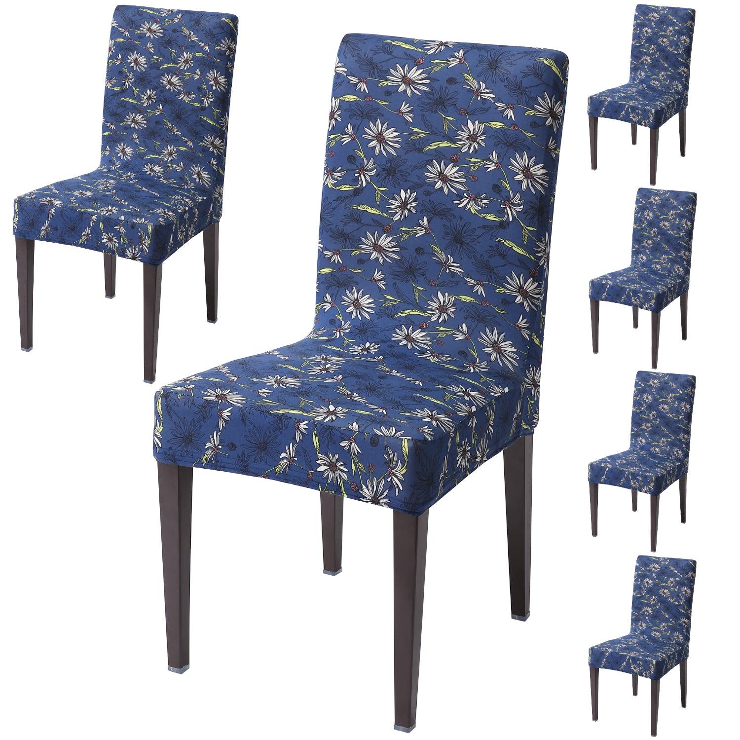 Royal Blue White Flowers dining chair covers set of 6