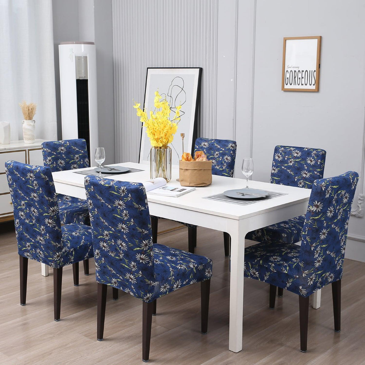 Royal Blue White Flowers dining table chair covers