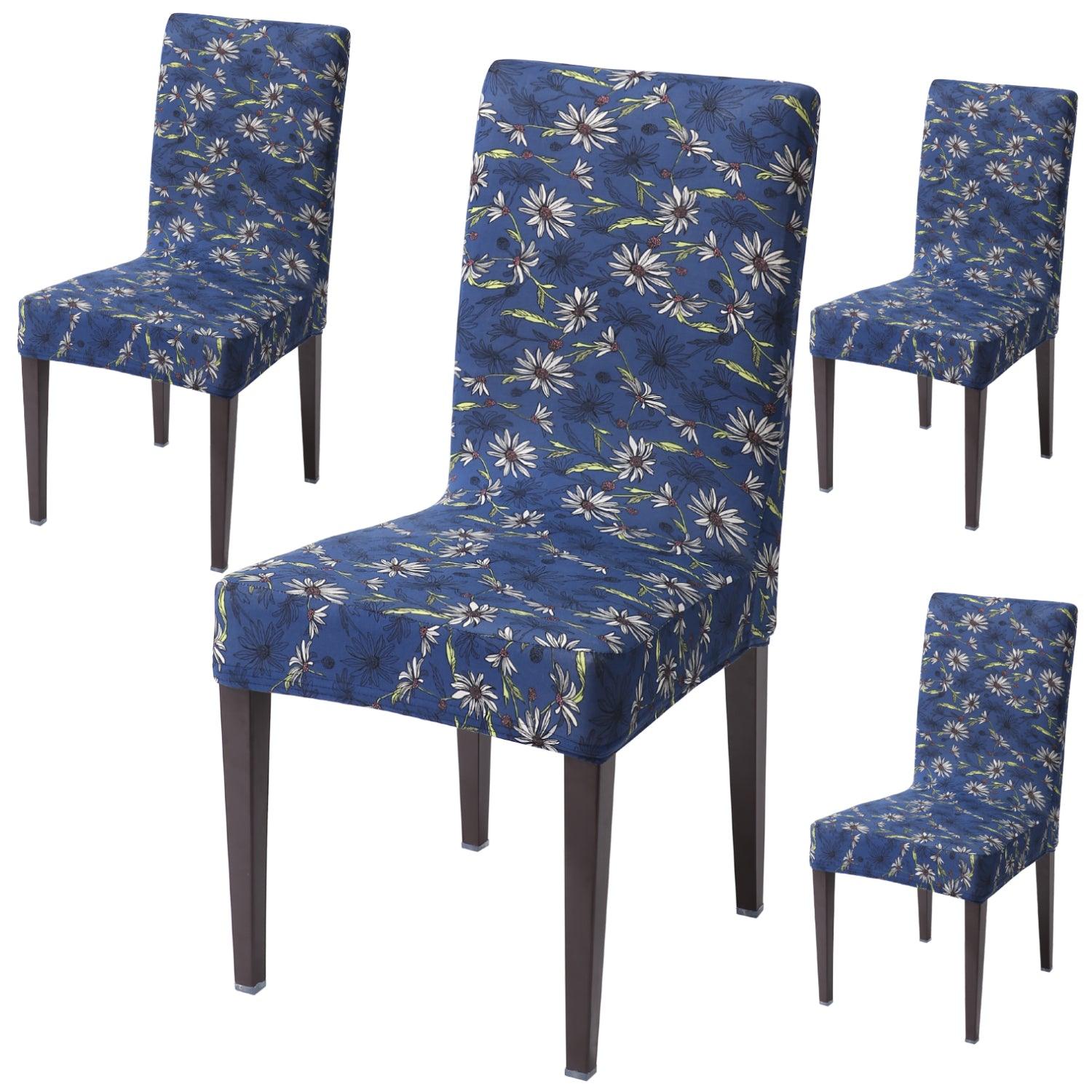 Royal Blue White Flowers dining chair covers set of 4