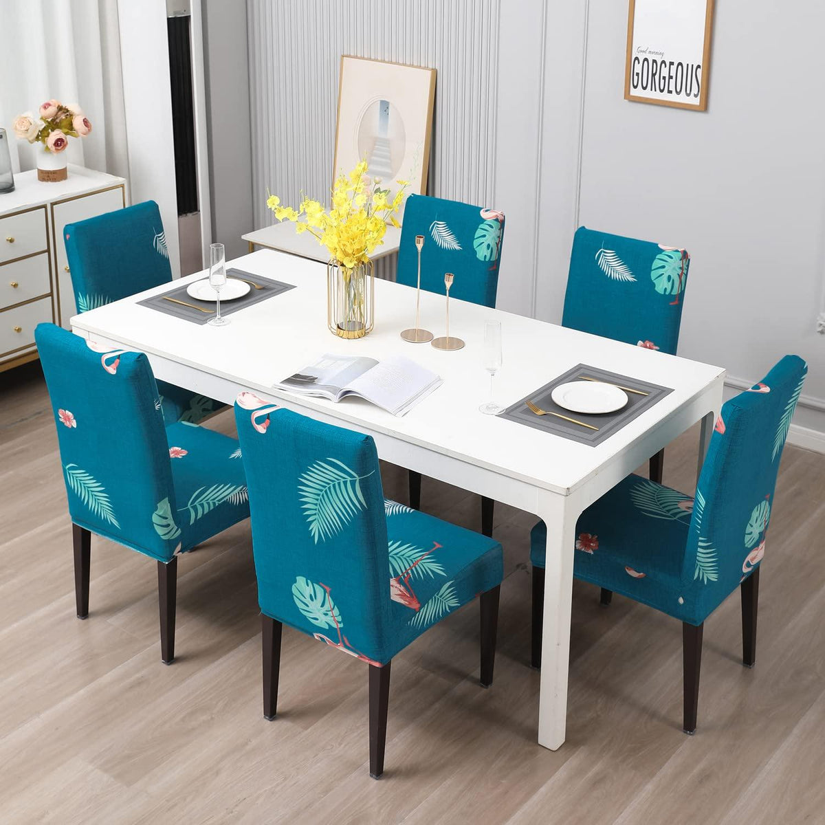 Sky Blue Feather print dining chair covers​ Set | Hokipo
