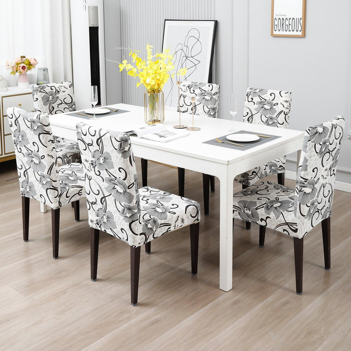 White Grey Flowers print dining chair covers​ Set | Hokipo