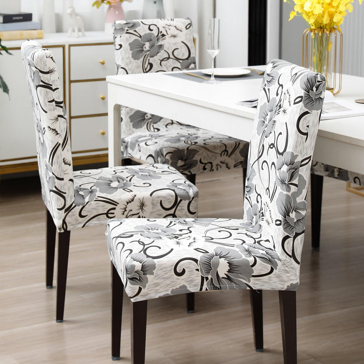 White Grey Flowers print chair covers for dining chairs | Hokipo