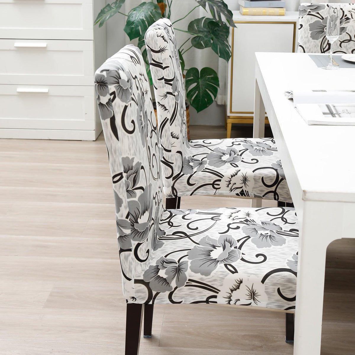White Grey Flowers print stylish chair cover | Hokipo