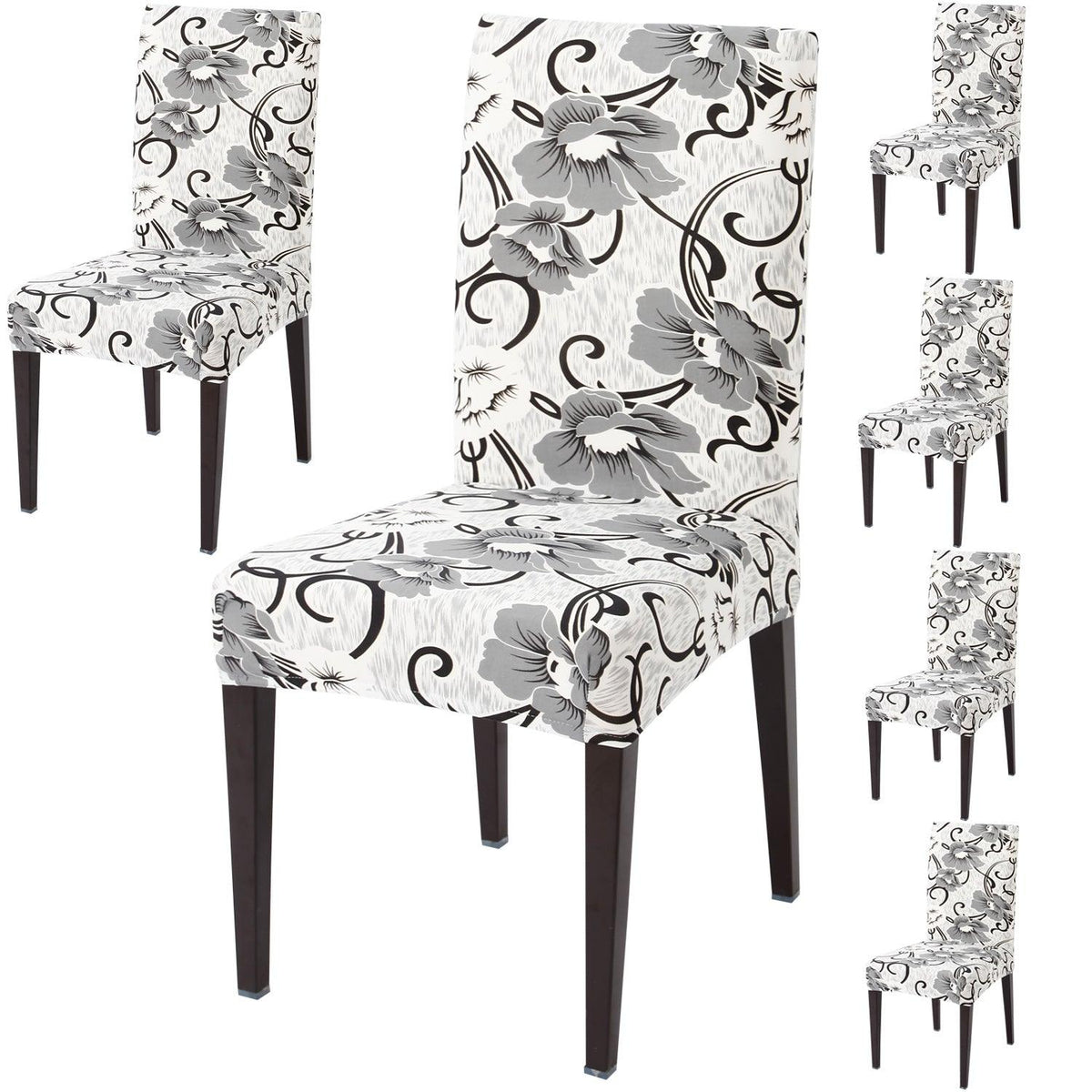 White Grey Flowers print dining chair covers set of 6 | Hokipo