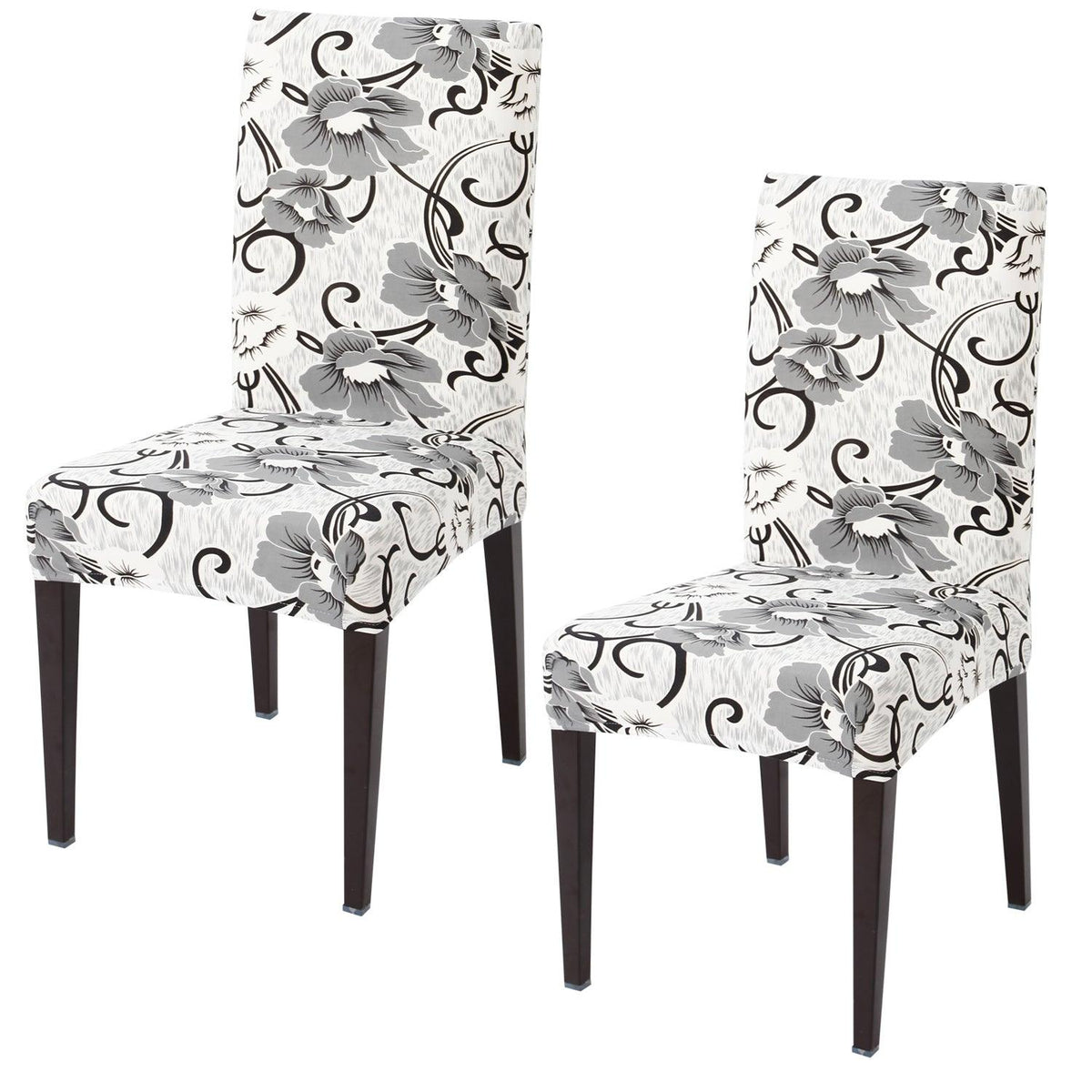 White Grey Flowers print elastic chair covers set of 2 | Hokipo