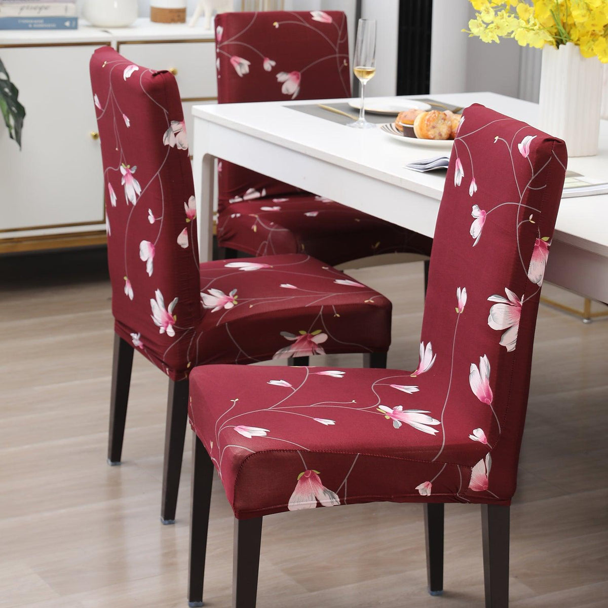 Wine Red Flowers print elastic dining chair covers | Hokipo