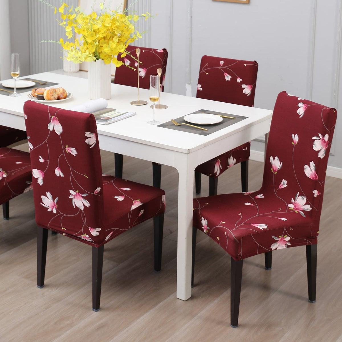 Wine Red Flowers print chair covers for dining chairs | Hokipo