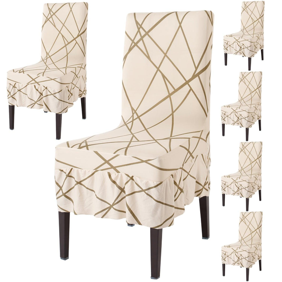Buy Beige Abstract Line Chair Cover With Frill - Set Of 6 | HOKIPO