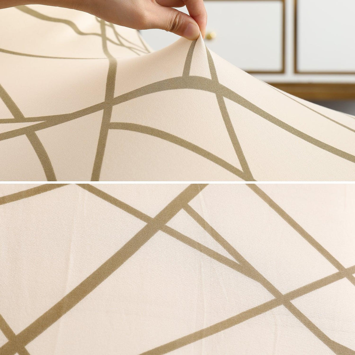 Buy Beige Abstract Line Stretchable Chair Cover With Frill | HOKIPO